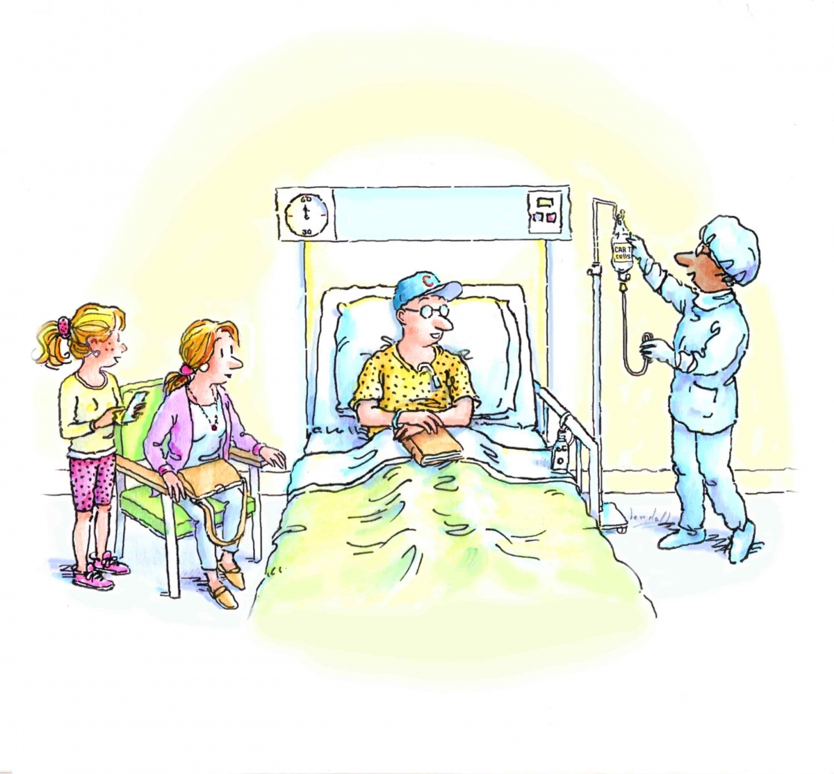 man in bed with family at side and nurse hanging bag on iv pole